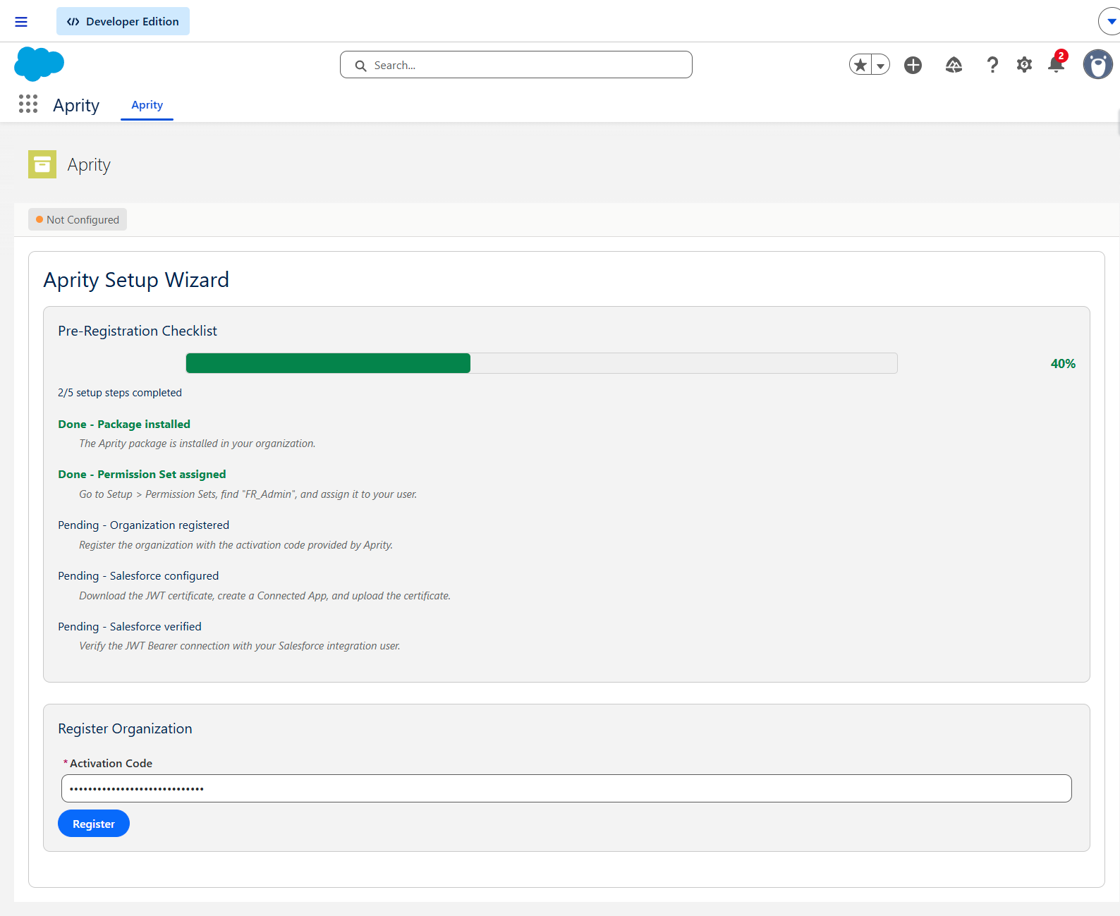 Aprity Setup Wizard - Registration screen