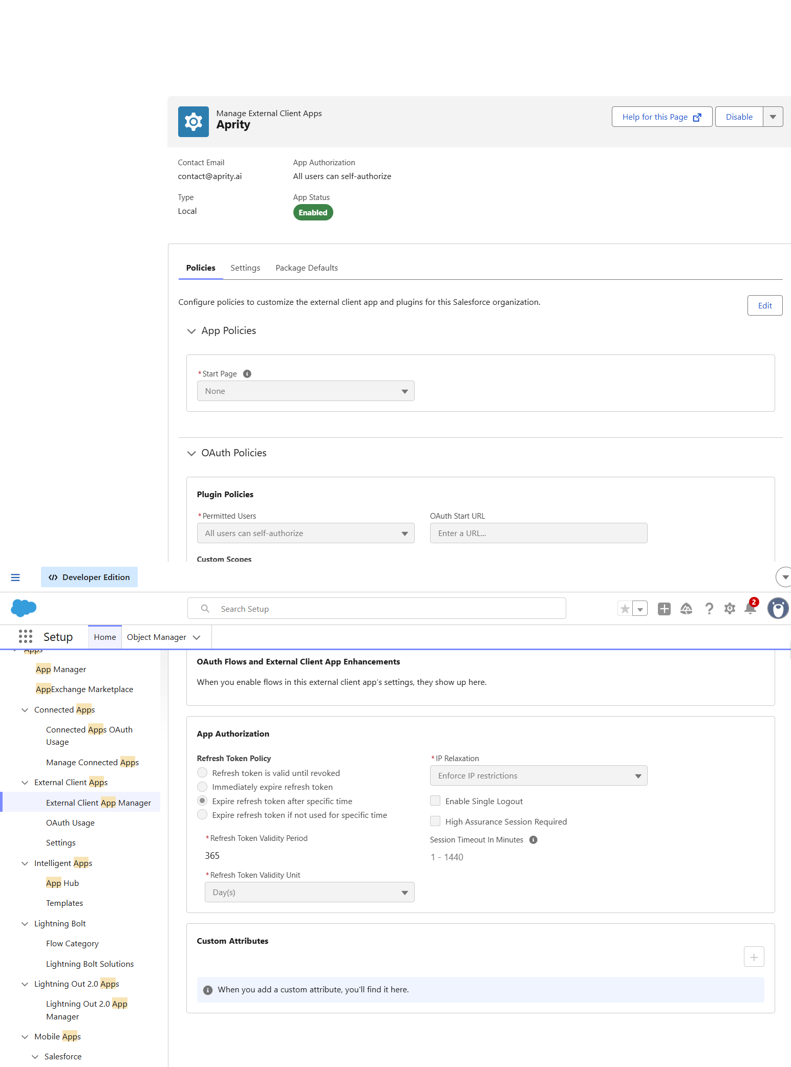External Client App Policies configuration
