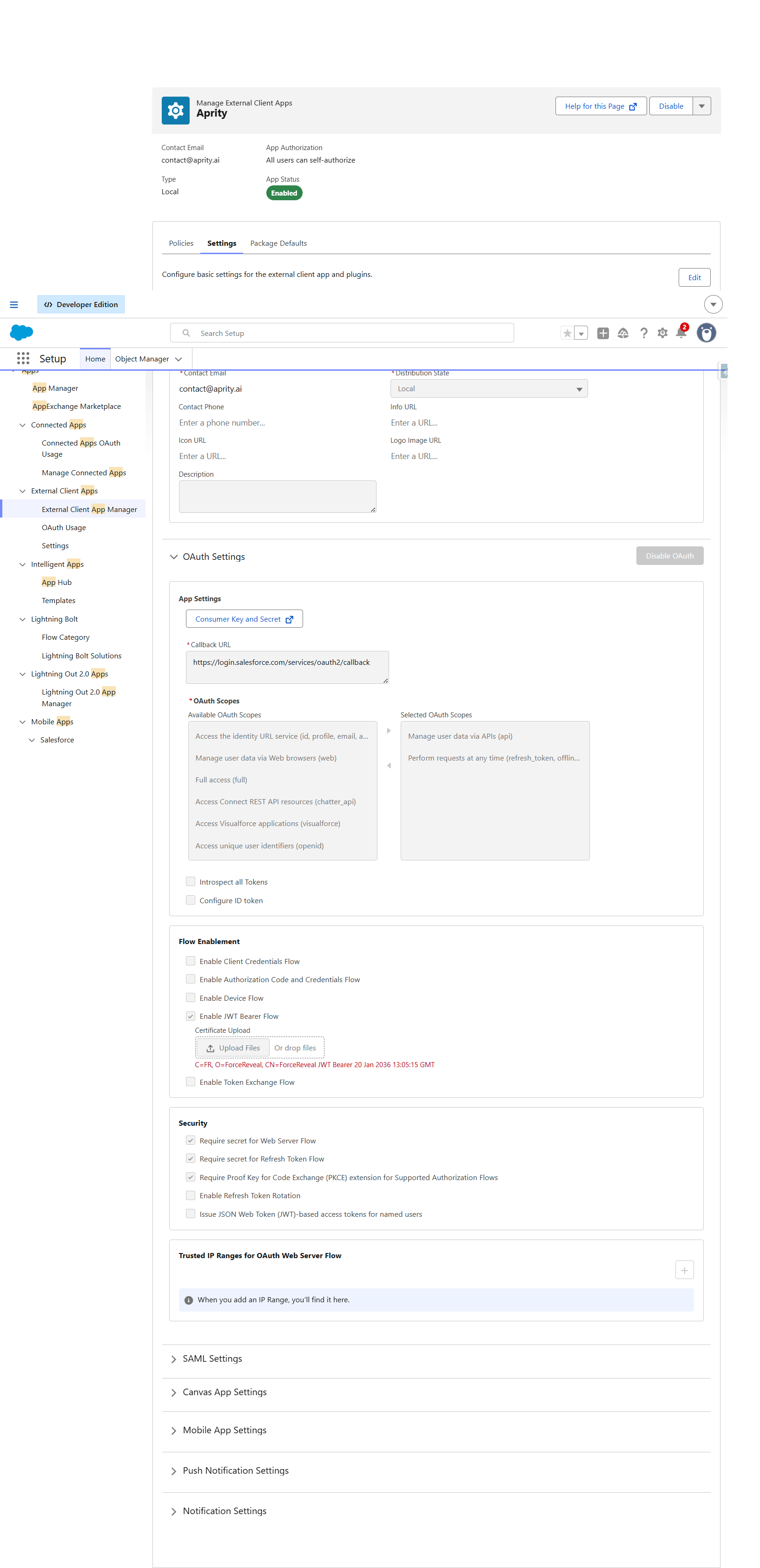 External Client App Settings - Consumer Key and Secret